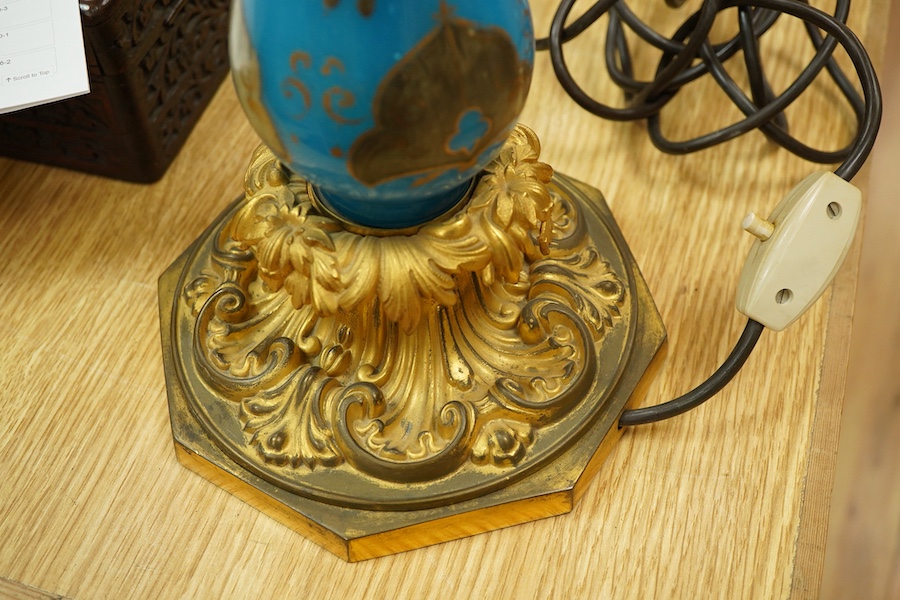 A 19th century Palmer & Co. Patent ormolu-mounted blue opaline glass table lamp, 44cm
